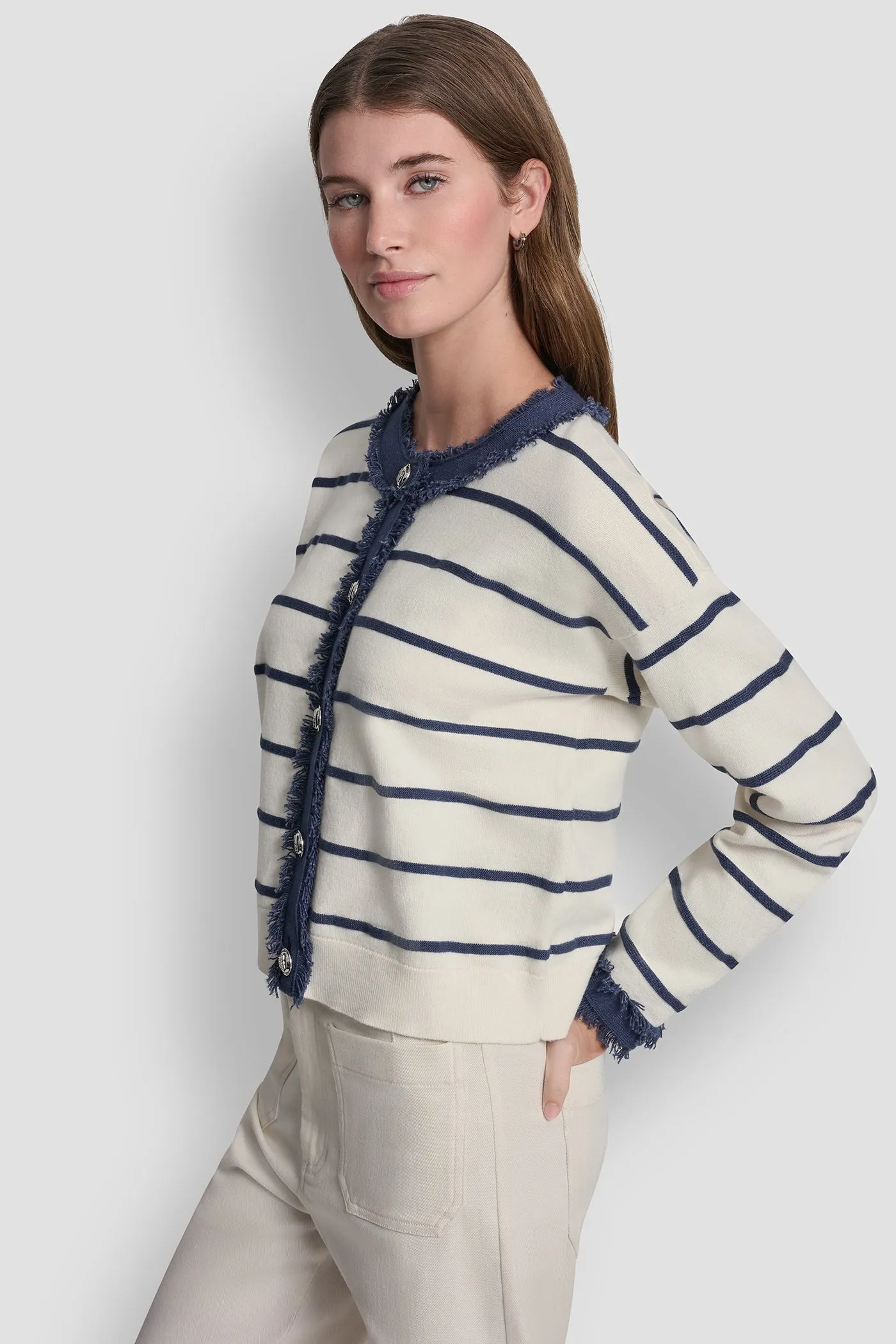 STRIPED CARDIGAN WITH DENIM FRINGE sold by DKNY product image thumbnail 3