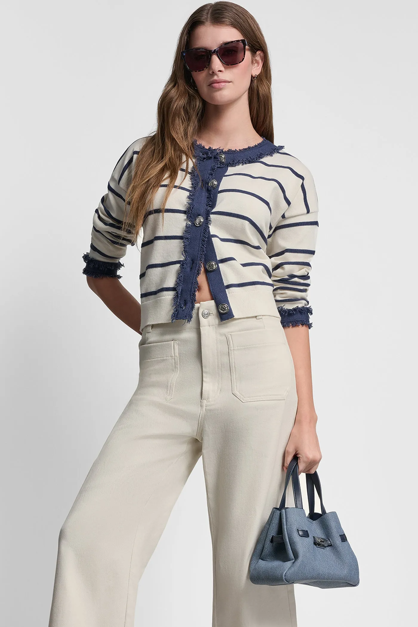 STRIPED CARDIGAN WITH DENIM FRINGE sold by DKNY