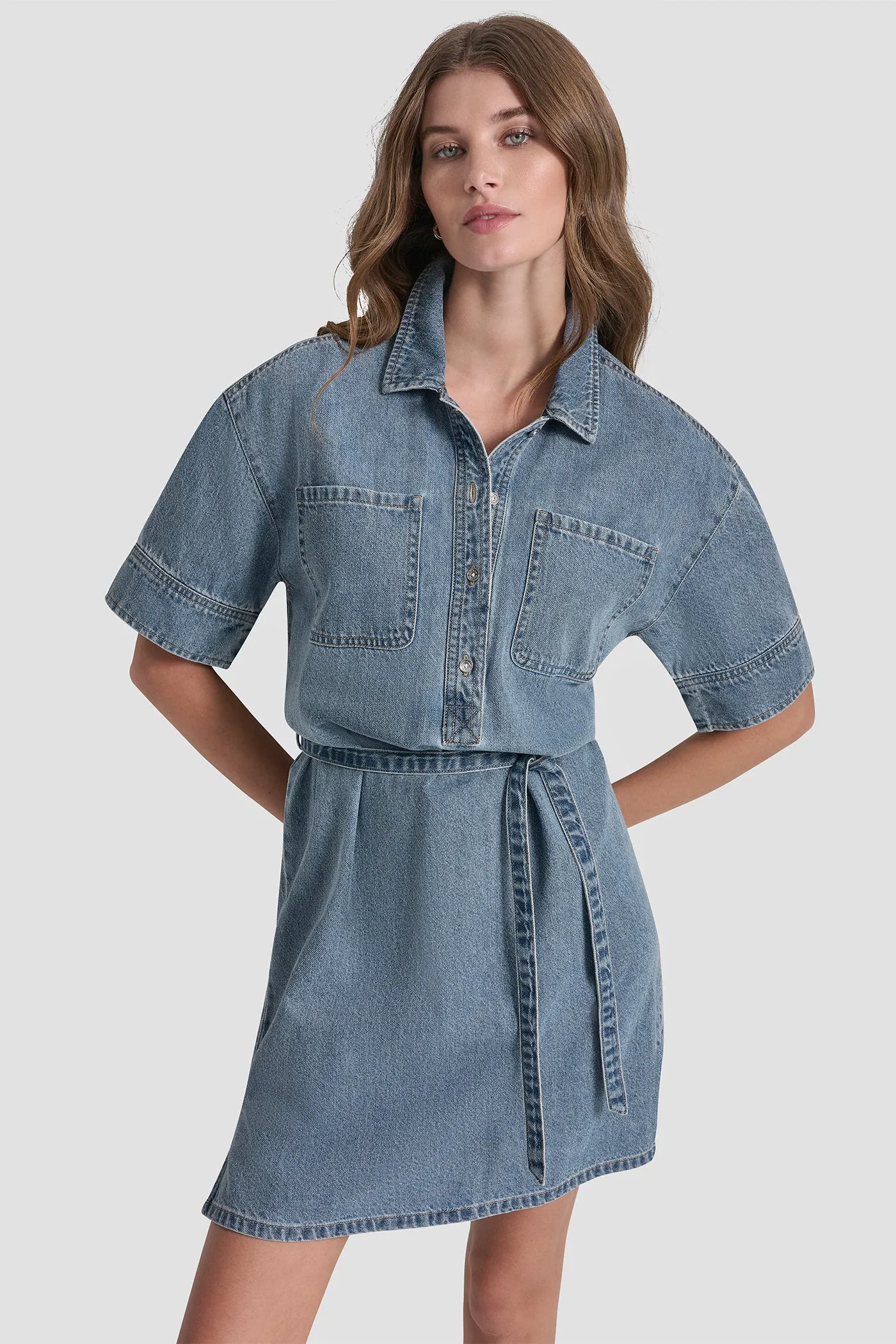DENIM BUTTON-FRONT SHIRT DRESS sold by DKNY