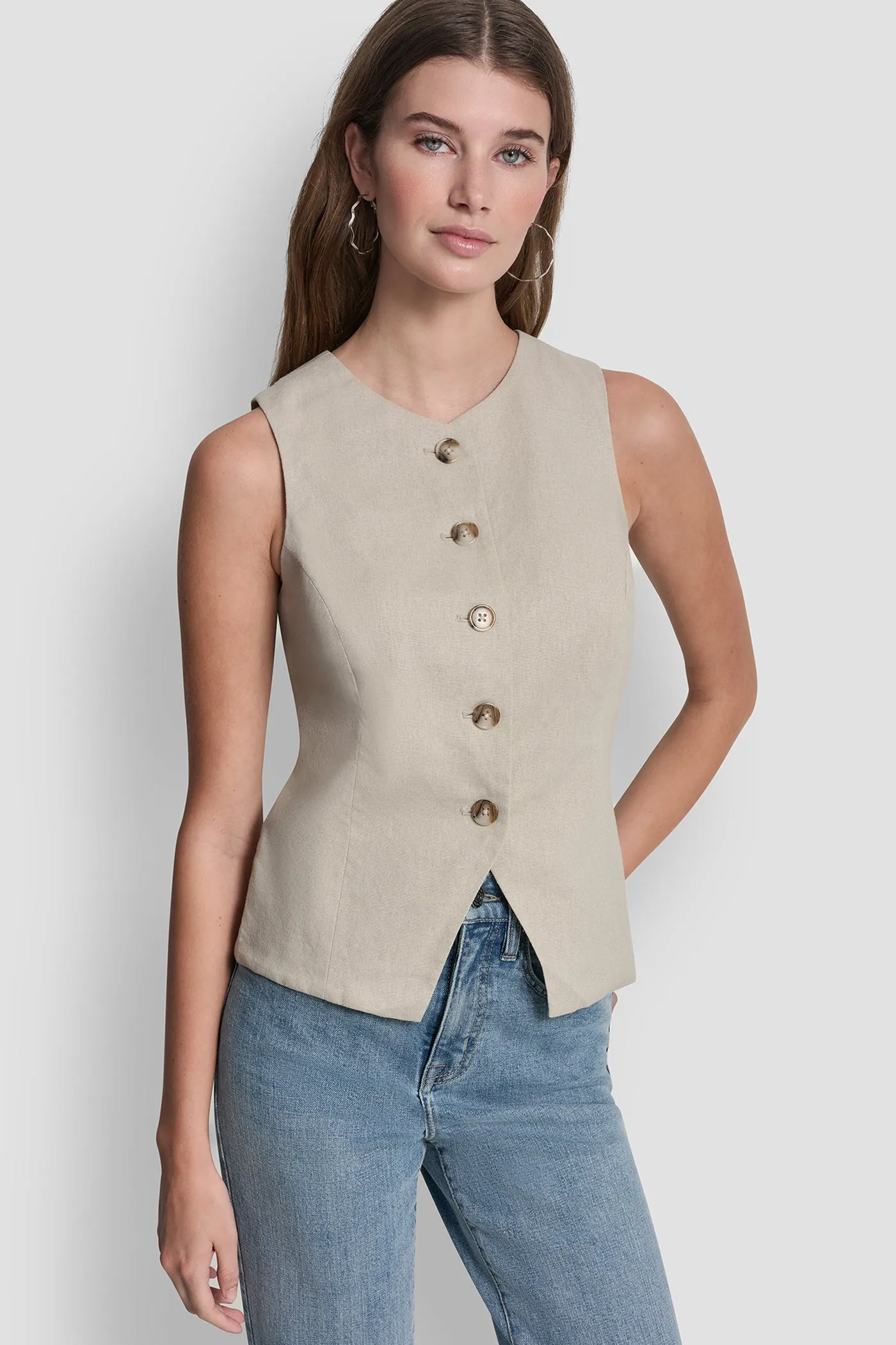 LINEN BUTTON-FRONT VEST sold by DKNY