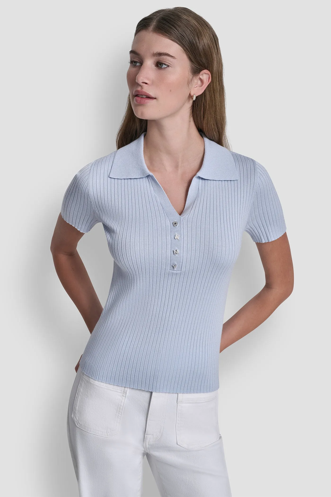 RIBBED POLO WITH RHINESTONE BUTTONS sold by DKNY