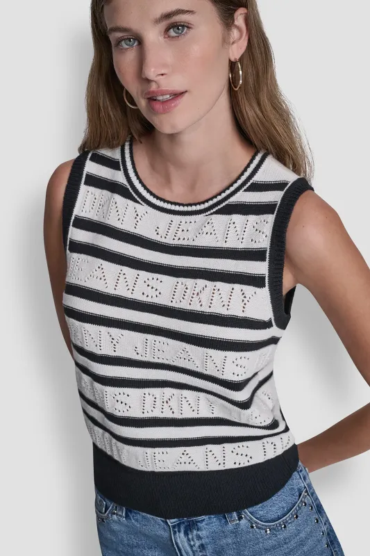 LOGO POINTELLE STRIPED SWEATER sold by DKNY