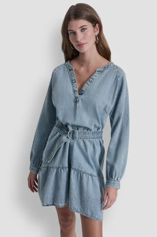 BELTED DENIM V-NECK DRESS made by DKNY