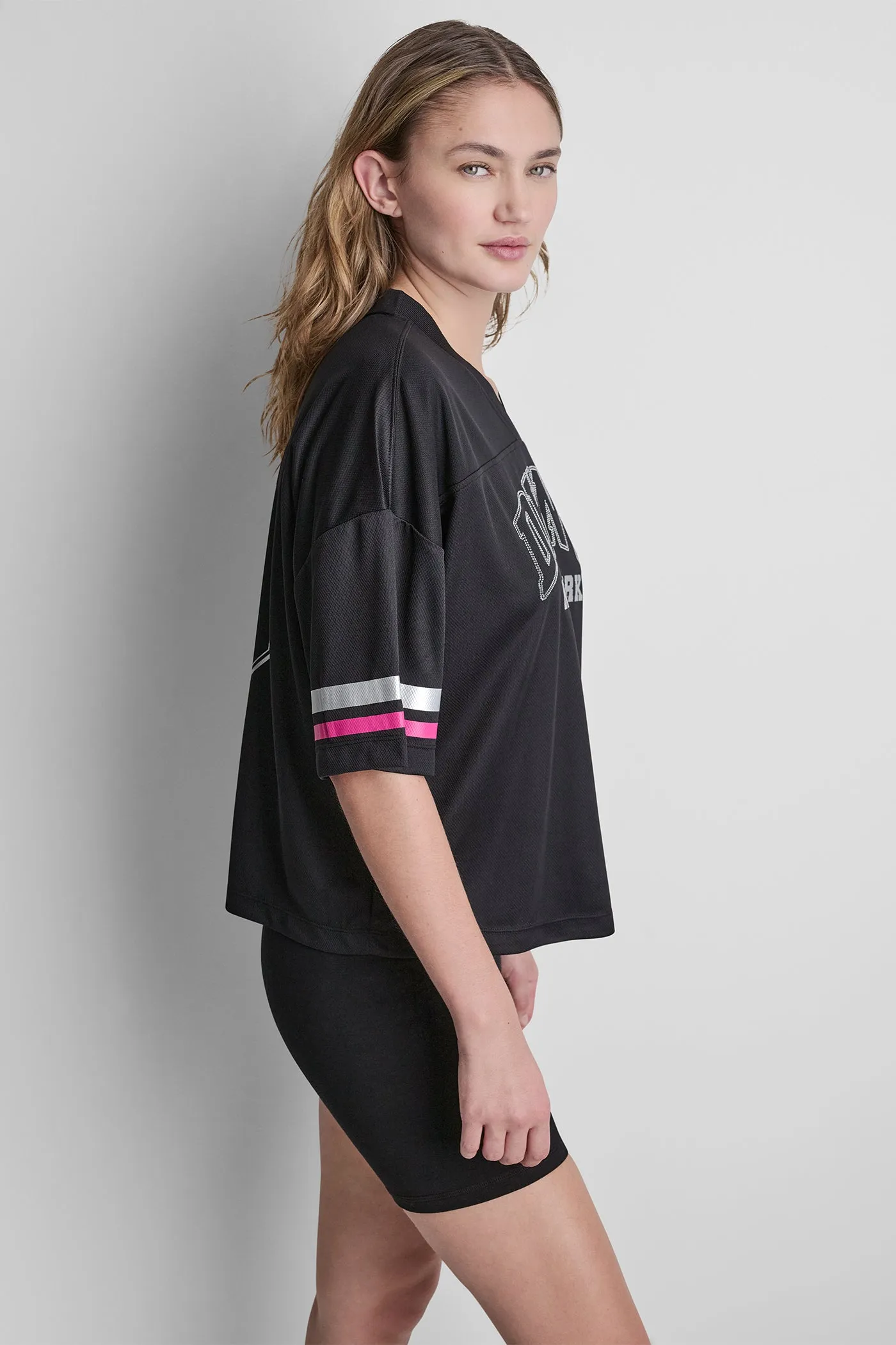 RHINESTONE VARSITY LOGO V-NECK JERSEY sold by DKNY product image thumbnail 4