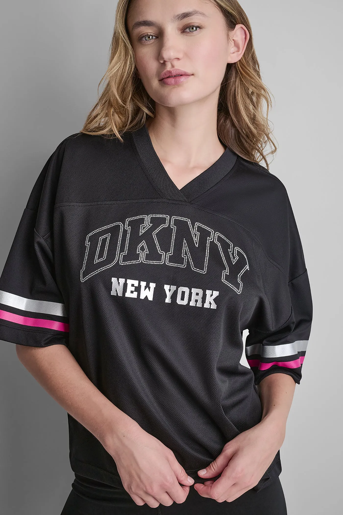 RHINESTONE VARSITY LOGO V-NECK JERSEY sold by DKNY product image thumbnail 2