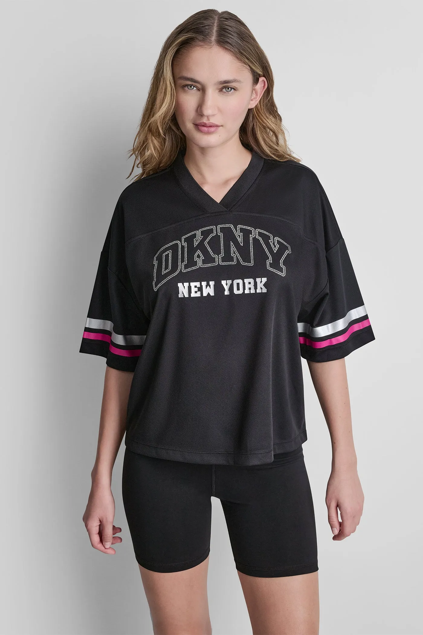 RHINESTONE VARSITY LOGO V-NECK JERSEY sold by DKNY product image thumbnail 5