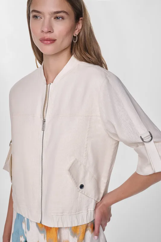 LINEN-BLEND ROLL-TAB SLEEVE BOMBER JACKET made by DKNY