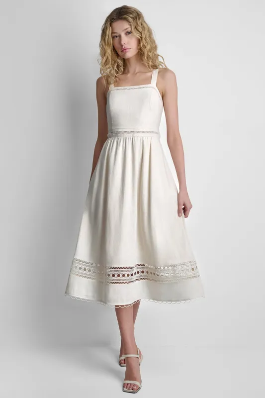 LINEN-BLEND LACE-TRIMMED MIDI DRESS made by DKNY