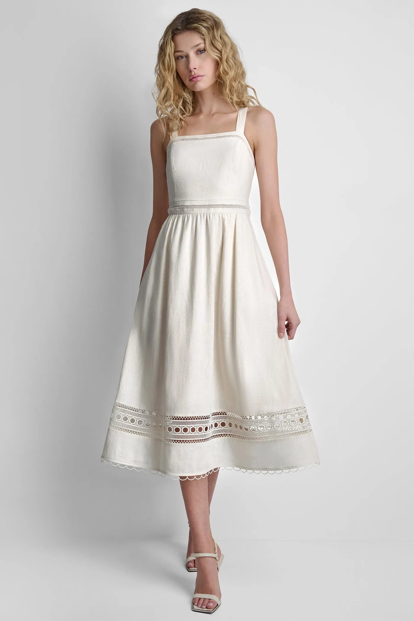LINEN-BLEND LACE-TRIMMED MIDI DRESS sold by DKNY