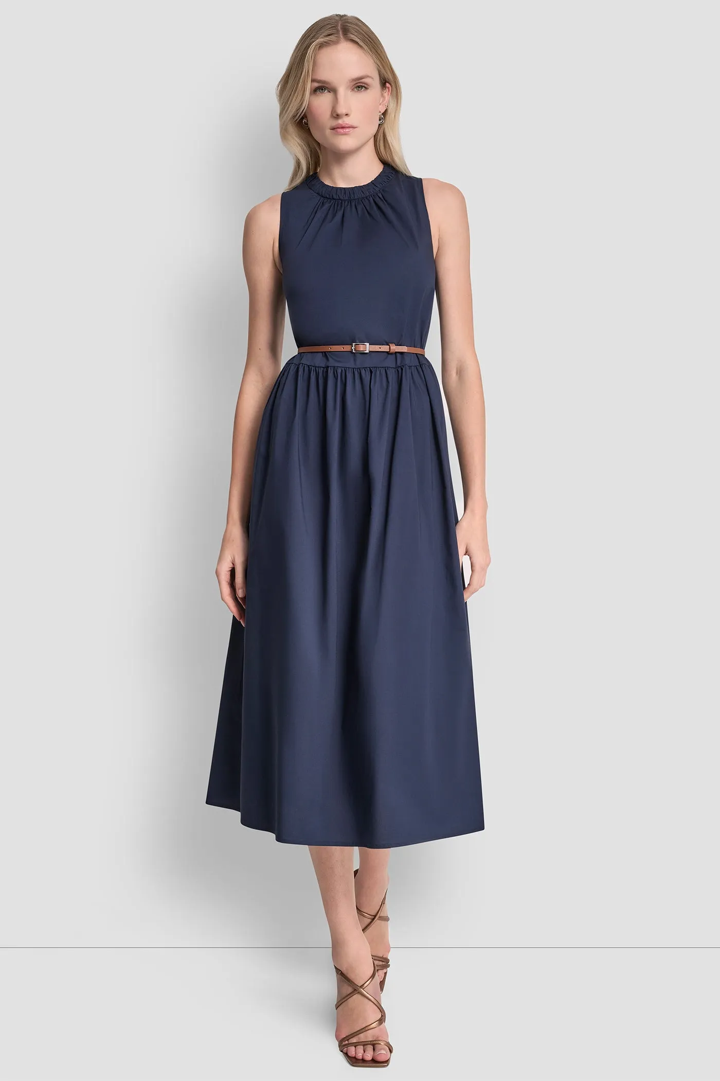 SLEEVELESS GATHERED MIDI A-LINE DRESS sold by DKNY