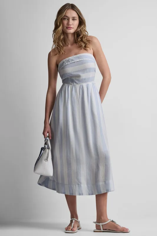 LINEN-BLEND STRAPLESS STRIPE DRESS made by DKNY
