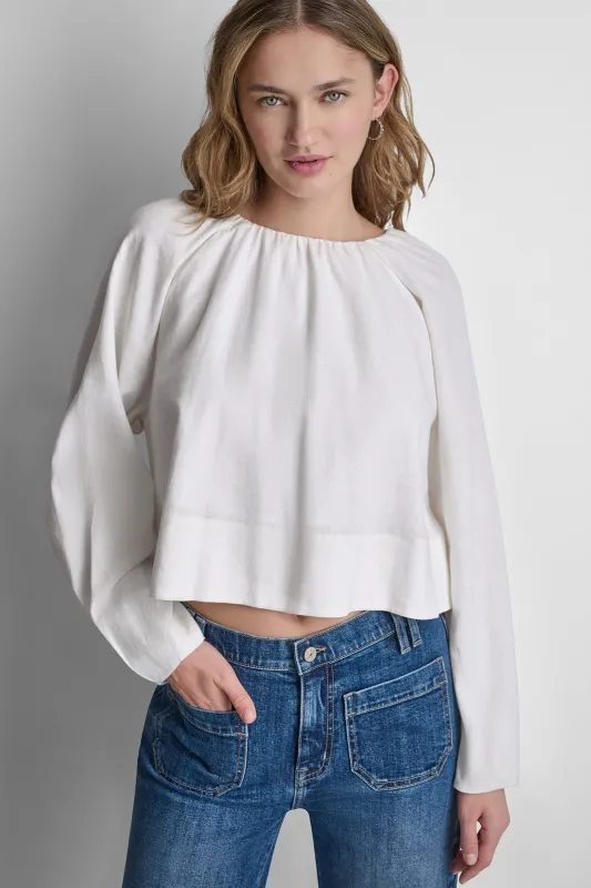 LINEN-BLEND RAGLAN SLEEVE BLOUSE made by DKNY