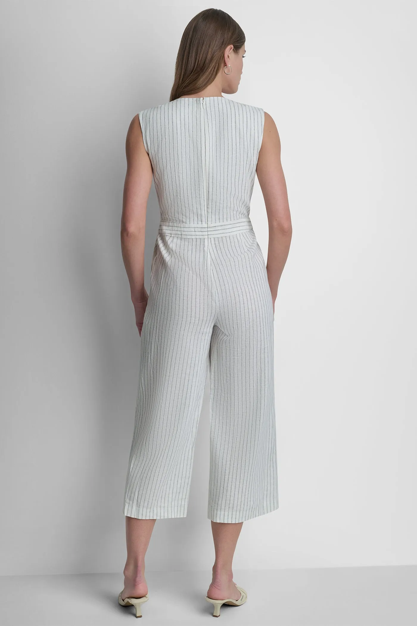 LINEN-BLEND SLEEVELESS WRAP-EFFECT V-NECK STRIPED JUMPSUIT sold by DKNY product image thumbnail 3