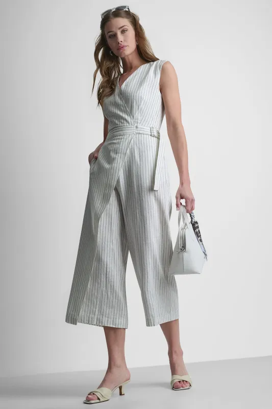 LINEN-BLEND SLEEVELESS WRAP-EFFECT V-NECK STRIPED JUMPSUIT made by DKNY