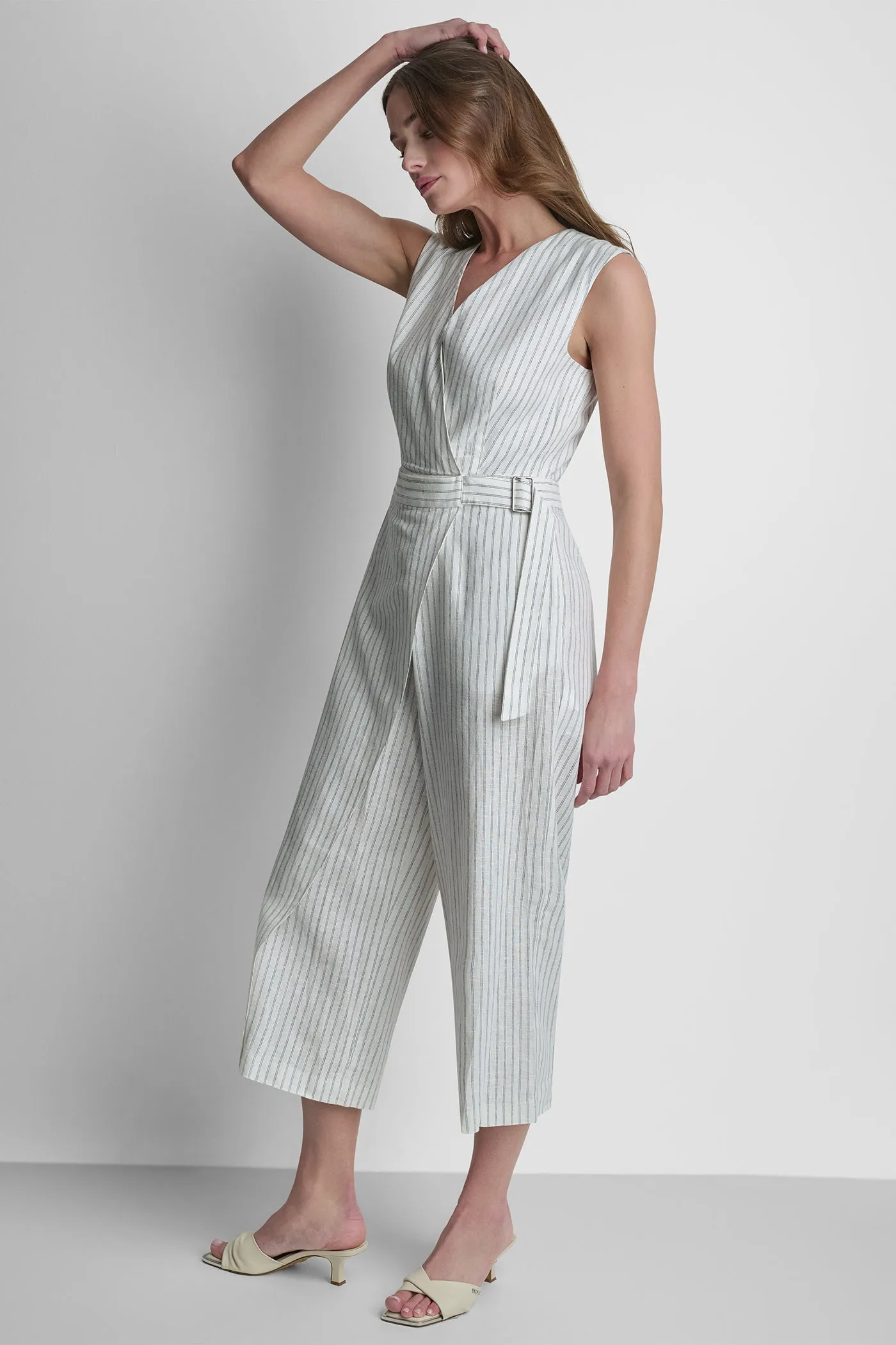LINEN-BLEND SLEEVELESS WRAP-EFFECT V-NECK STRIPED JUMPSUIT sold by DKNY product image thumbnail 5