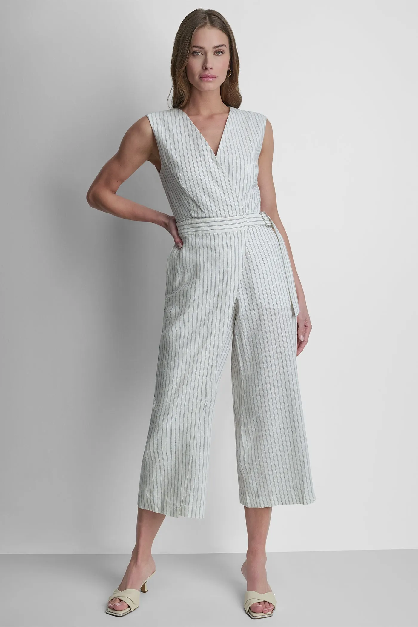 LINEN-BLEND SLEEVELESS WRAP-EFFECT V-NECK STRIPED JUMPSUIT sold by DKNY product image thumbnail 2