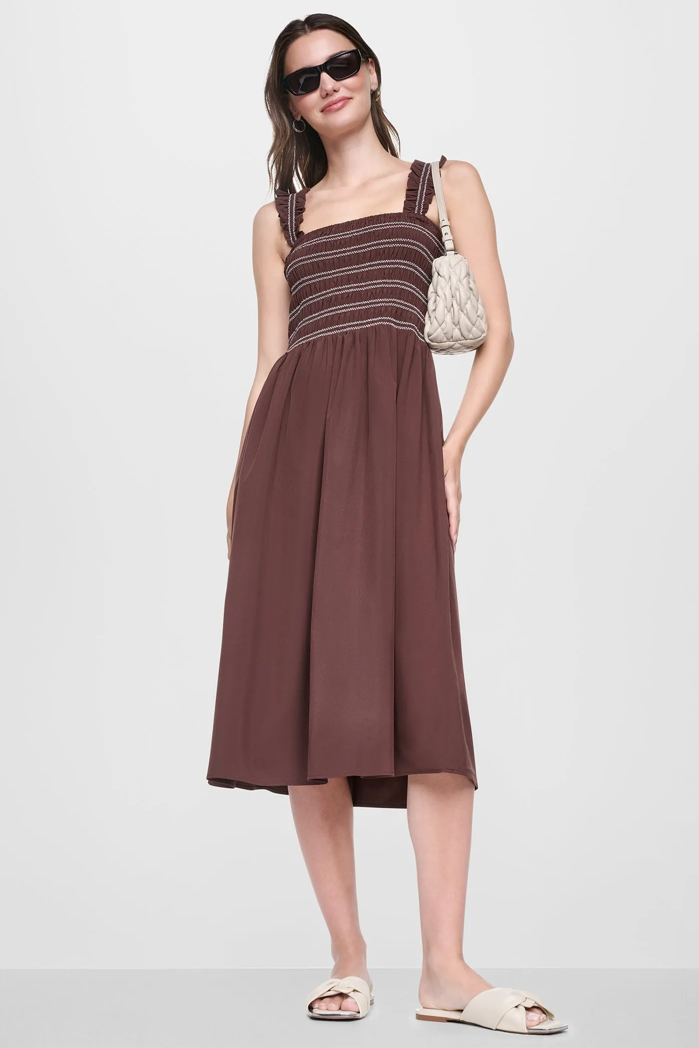 SLEEVELESS SMOCKED MIDI A-LINE DRESS sold by DKNY