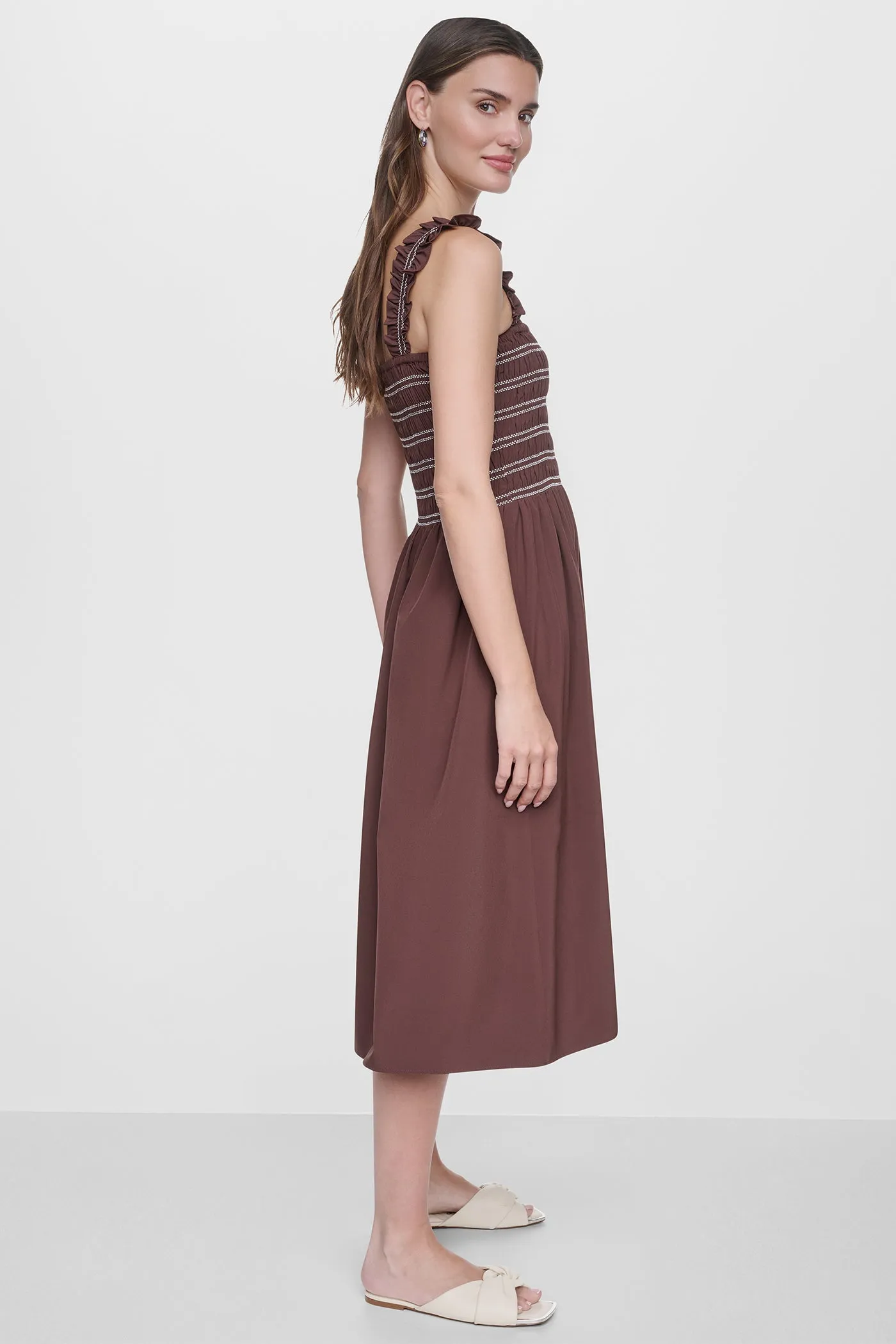 SLEEVELESS SMOCKED MIDI A-LINE DRESS sold by DKNY product image thumbnail 3