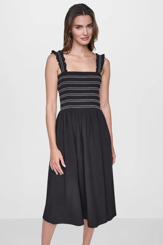 SLEEVELESS SMOCKED MIDI A-LINE DRESS made by DKNY