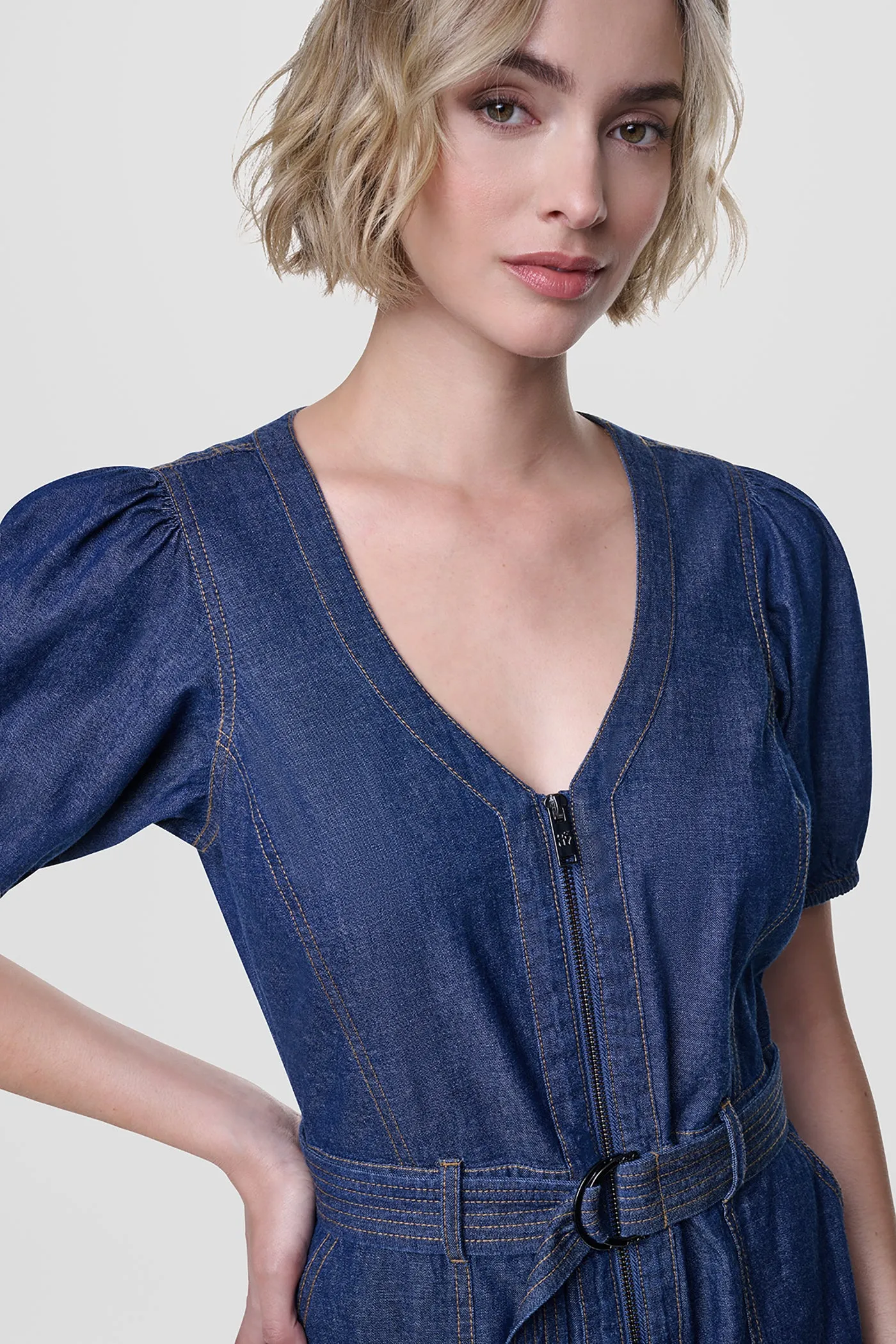 PUFF SLEEVE BELTED DENIM DRESS sold by DKNY product image thumbnail 4