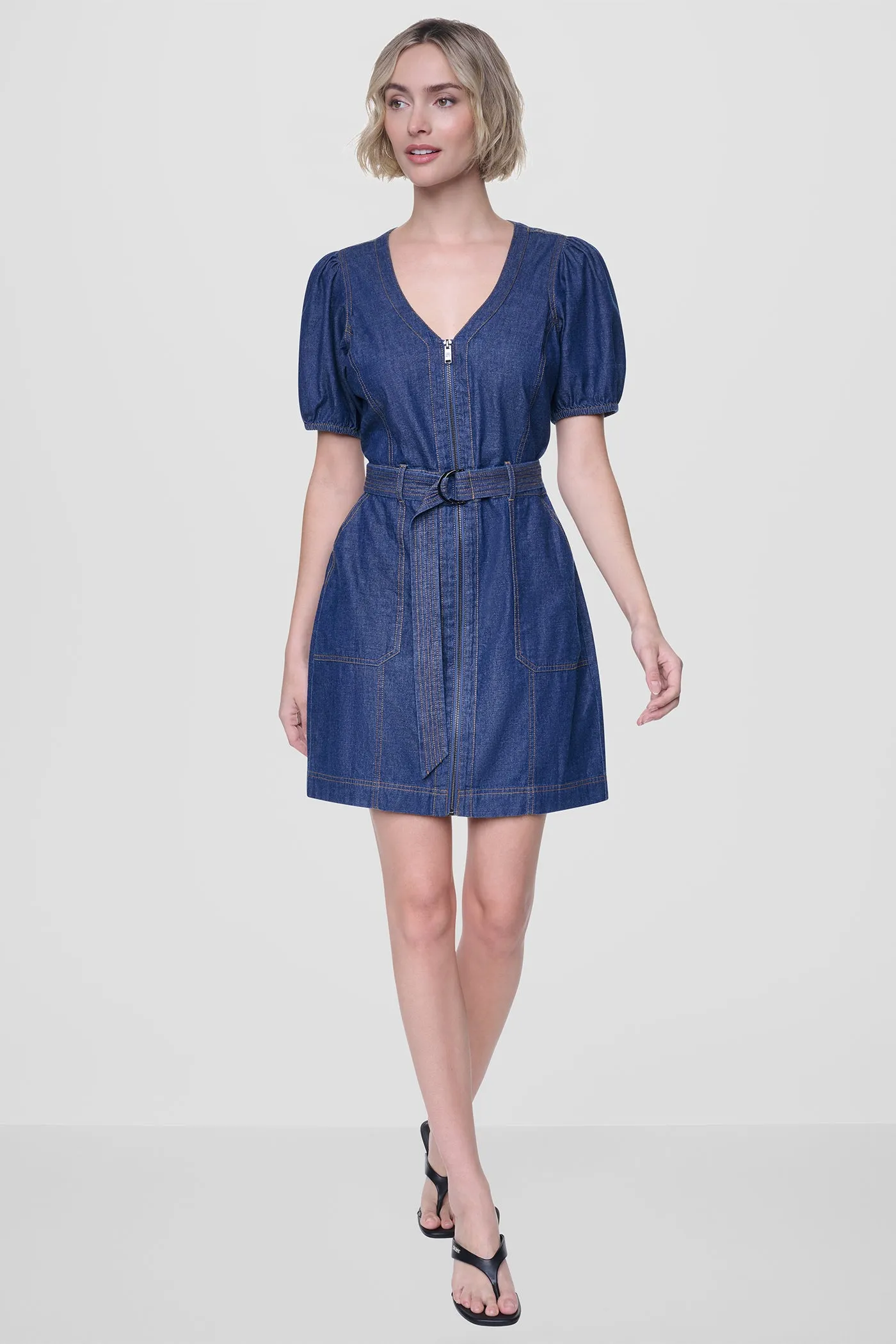 PUFF SLEEVE BELTED DENIM DRESS sold by DKNY