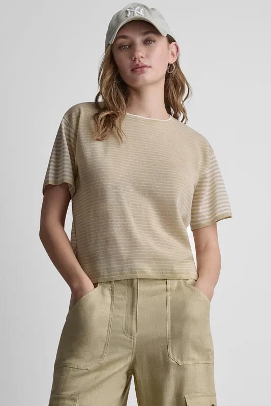 COTTON-BLEND SHORT SLEEVE MIXED STRIPE SWEATER made by DKNY