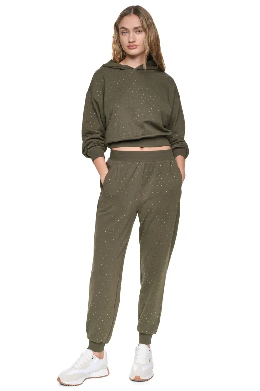 HIGH-RISE RHINESTONE JOGGER PANT made by DKNY