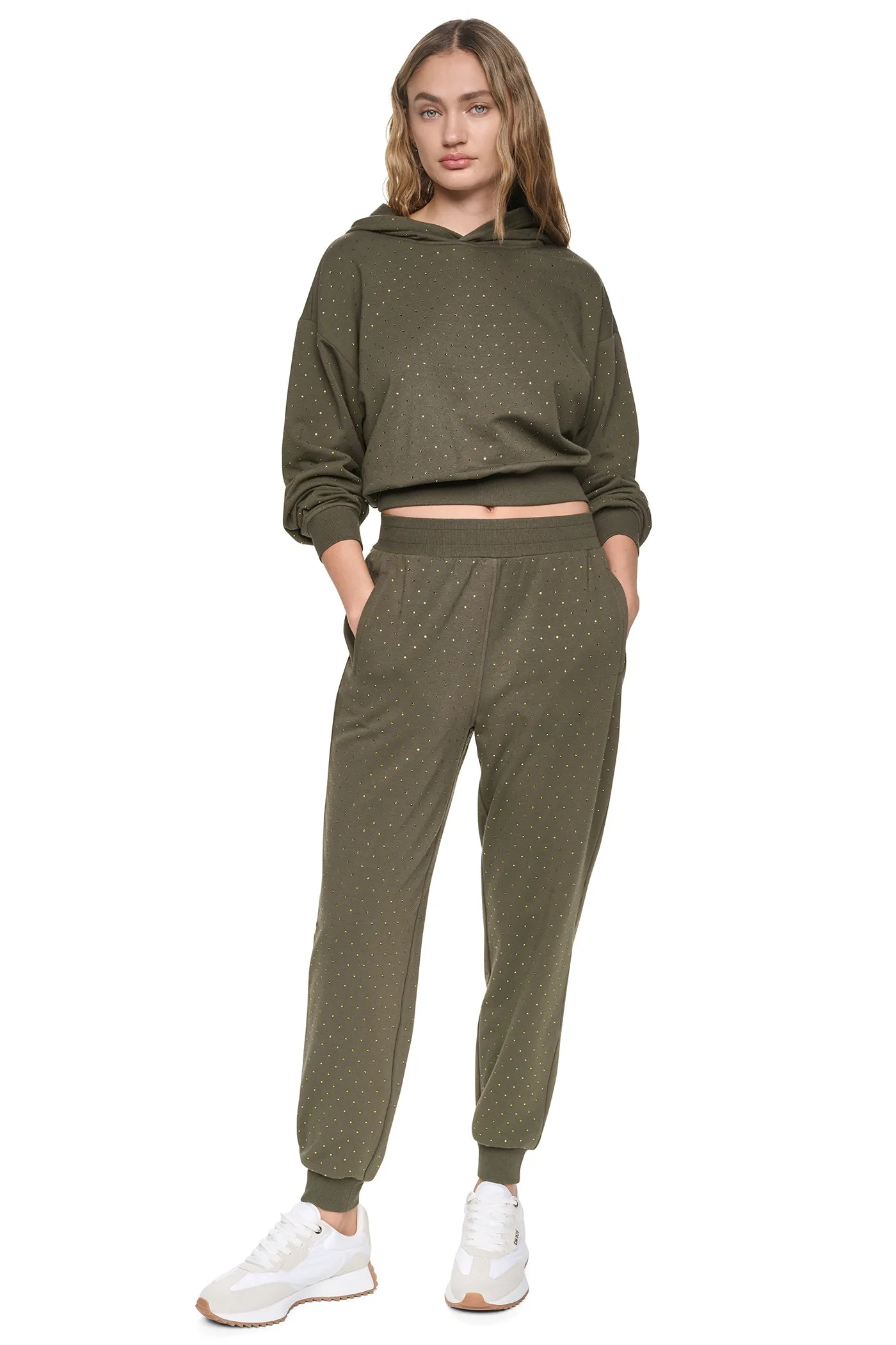 HIGH-RISE RHINESTONE JOGGER PANT sold by DKNY