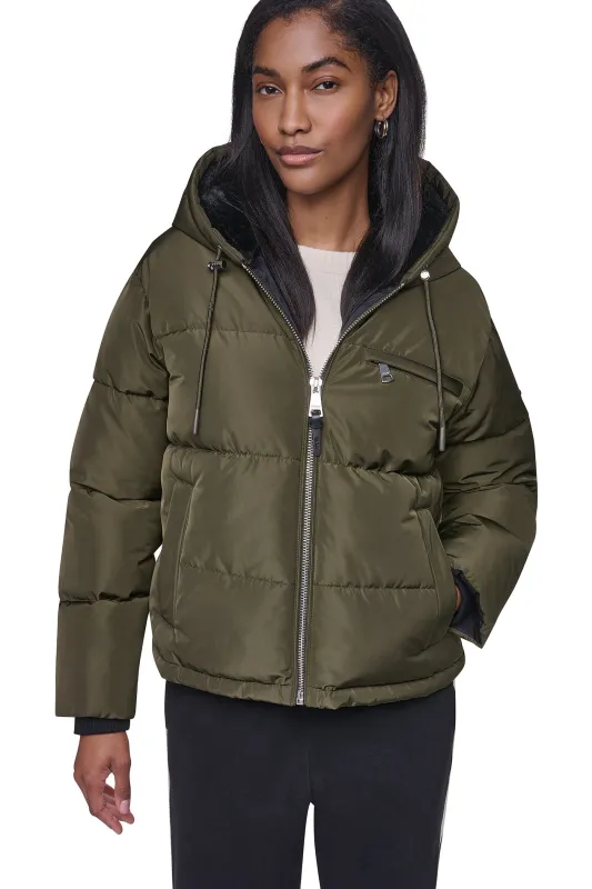 CONTRAST LINED SHORT HOODED PUFFER made by DKNY