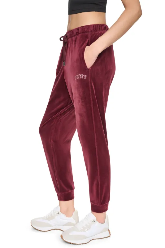 VARSITY VELOUR RHINESTONE LOGO MID-RISE JOGGER made by DKNY