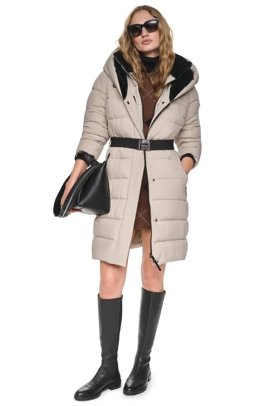 LONG BELTED LAYERED PUFFER made by DKNY