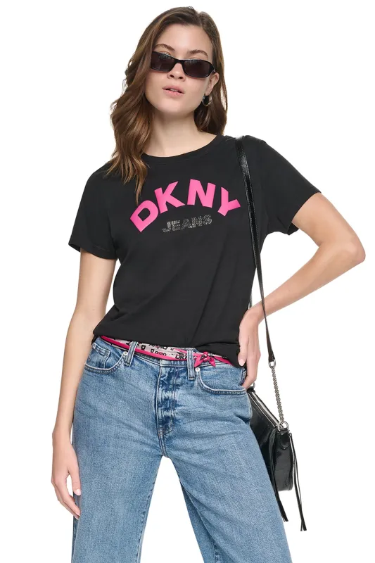 ARCHED RHINESTONE LOGO TEE made by DKNY