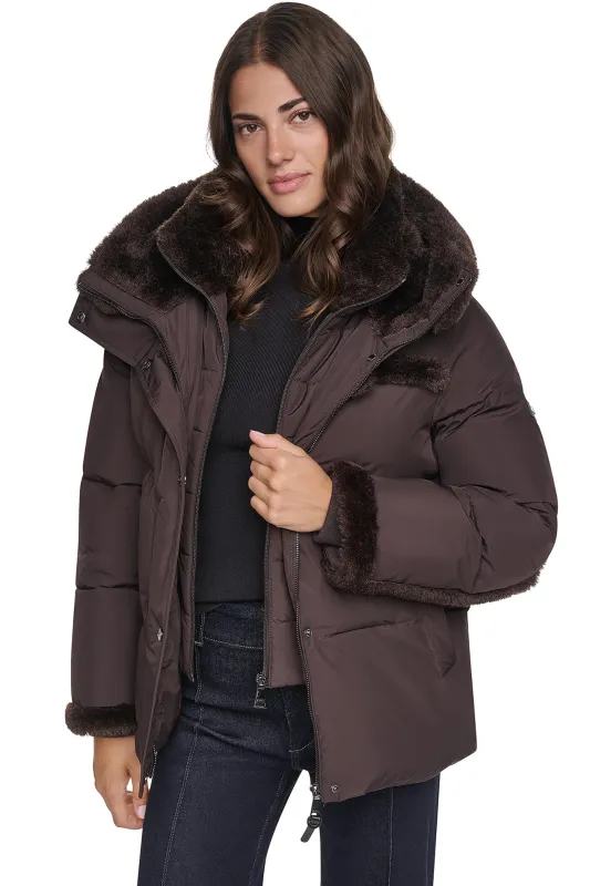 FAUX FUR TRIMMED HOODED PUFFER made by DKNY