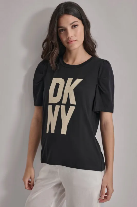 PUFF SLEEVE GOLD MARBLE LOGO TEE made by DKNY