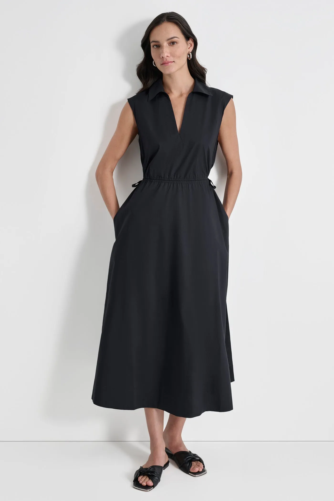 CUTOUT PINSTRIPED MIDI SHIRT DRESS sold by DKNY