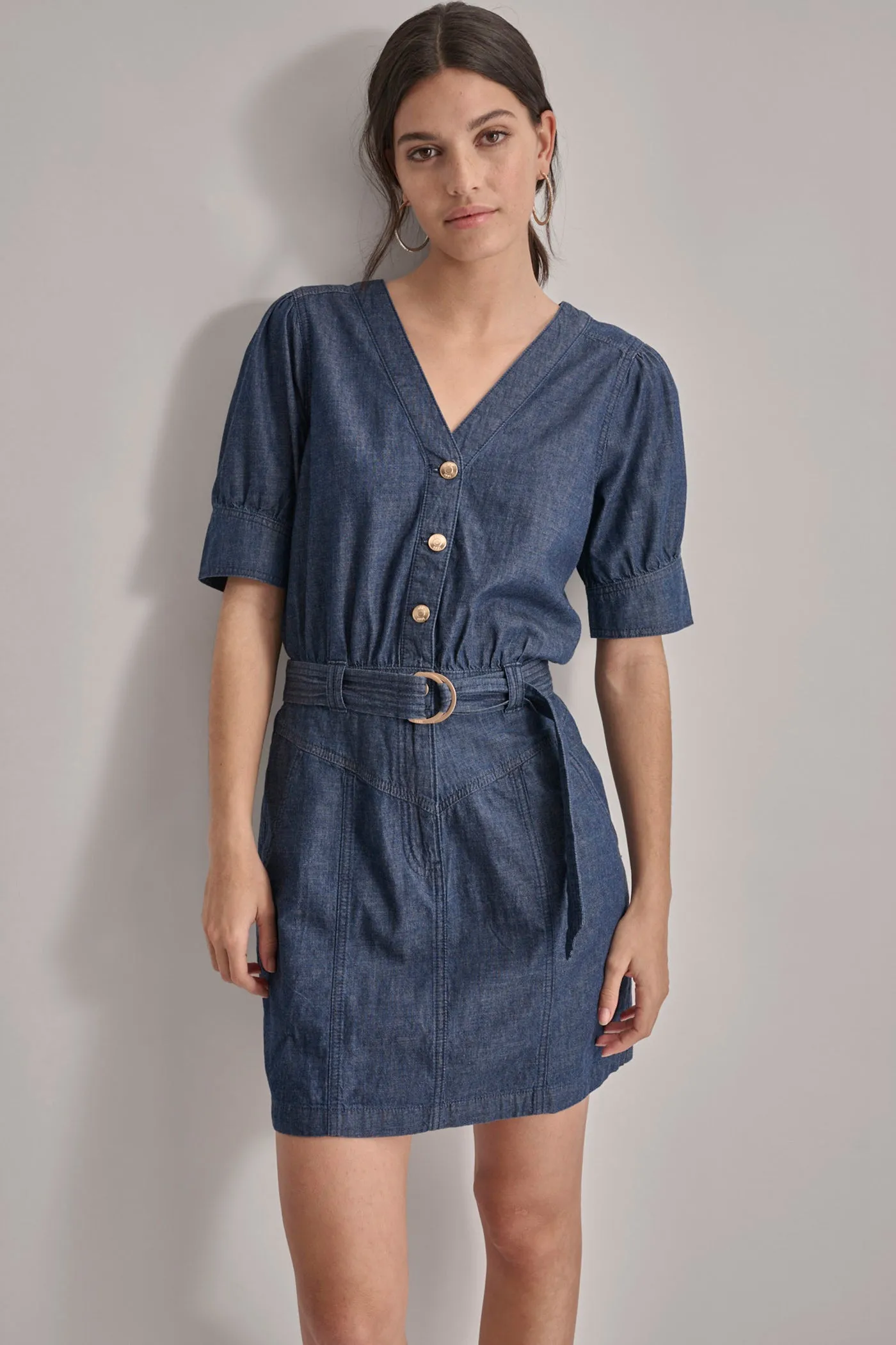 V-NECK BUTTON FRONT LIGHTWEIGHT DENIM DRESS sold by DKNY product image thumbnail 2