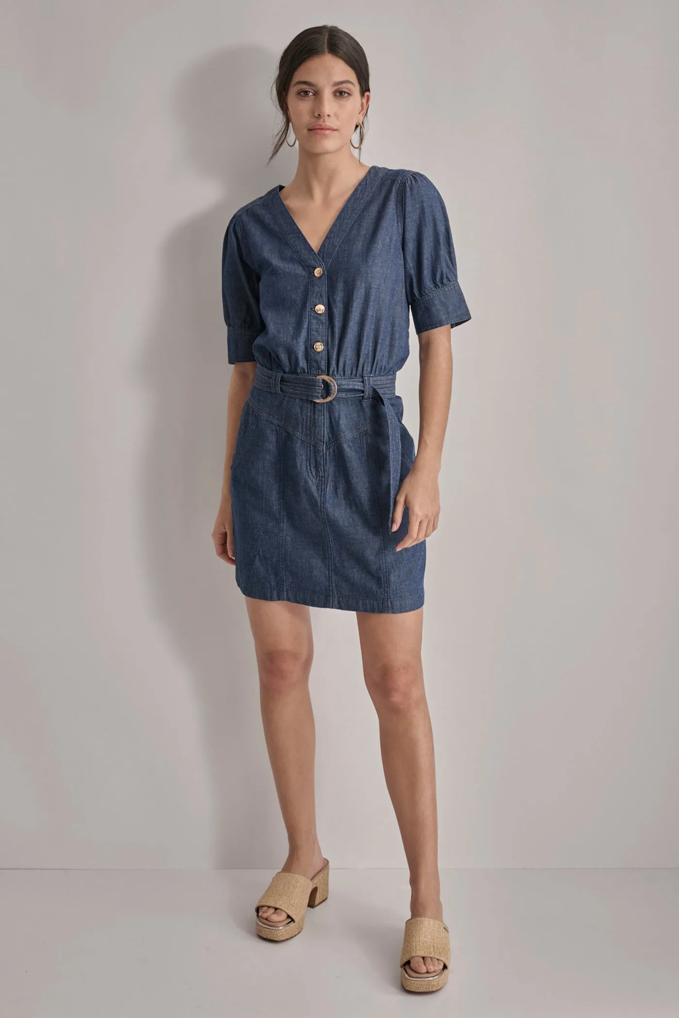 V-NECK BUTTON FRONT LIGHTWEIGHT DENIM DRESS sold by DKNY