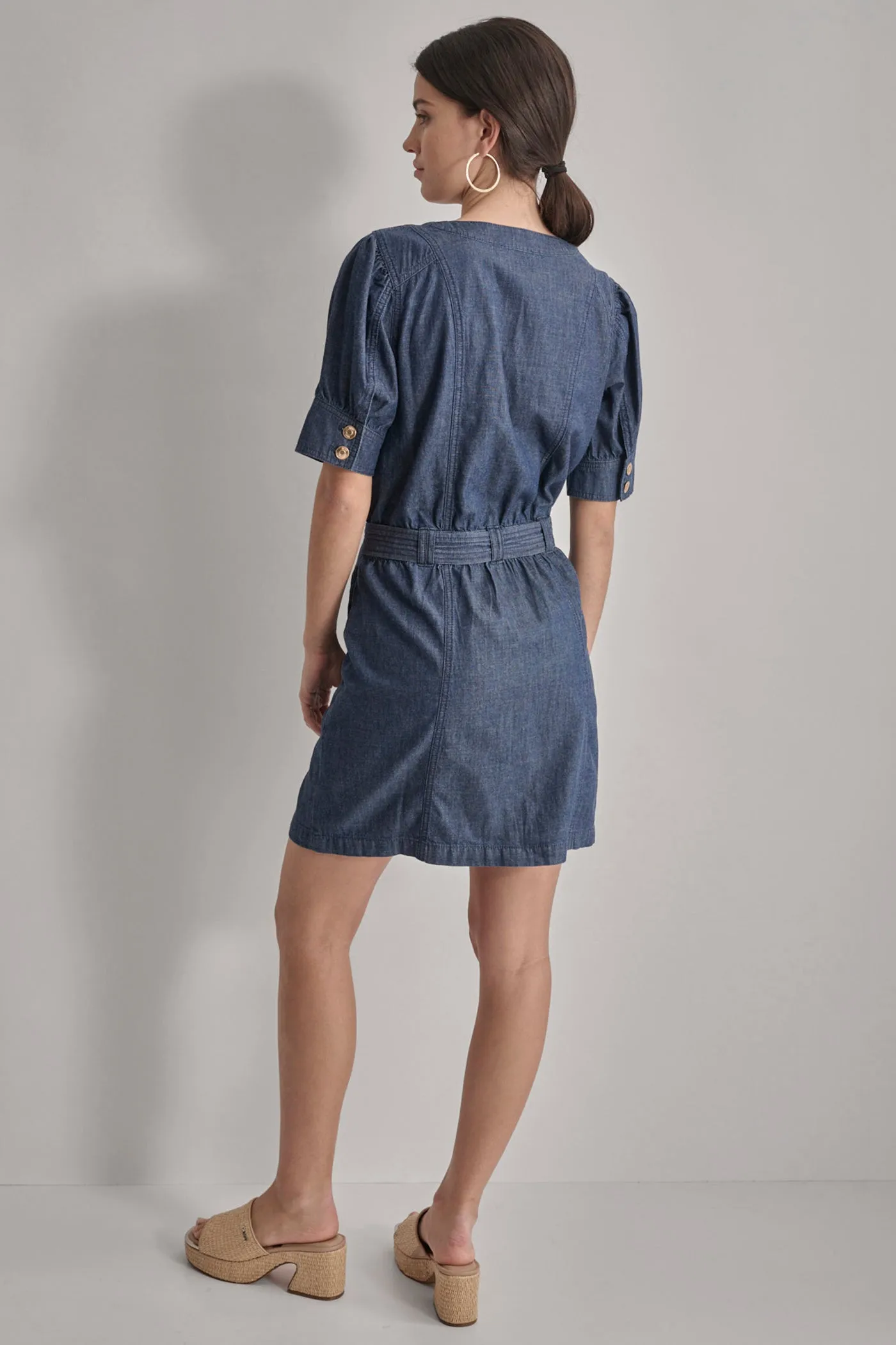 V-NECK BUTTON FRONT LIGHTWEIGHT DENIM DRESS sold by DKNY product image thumbnail 5