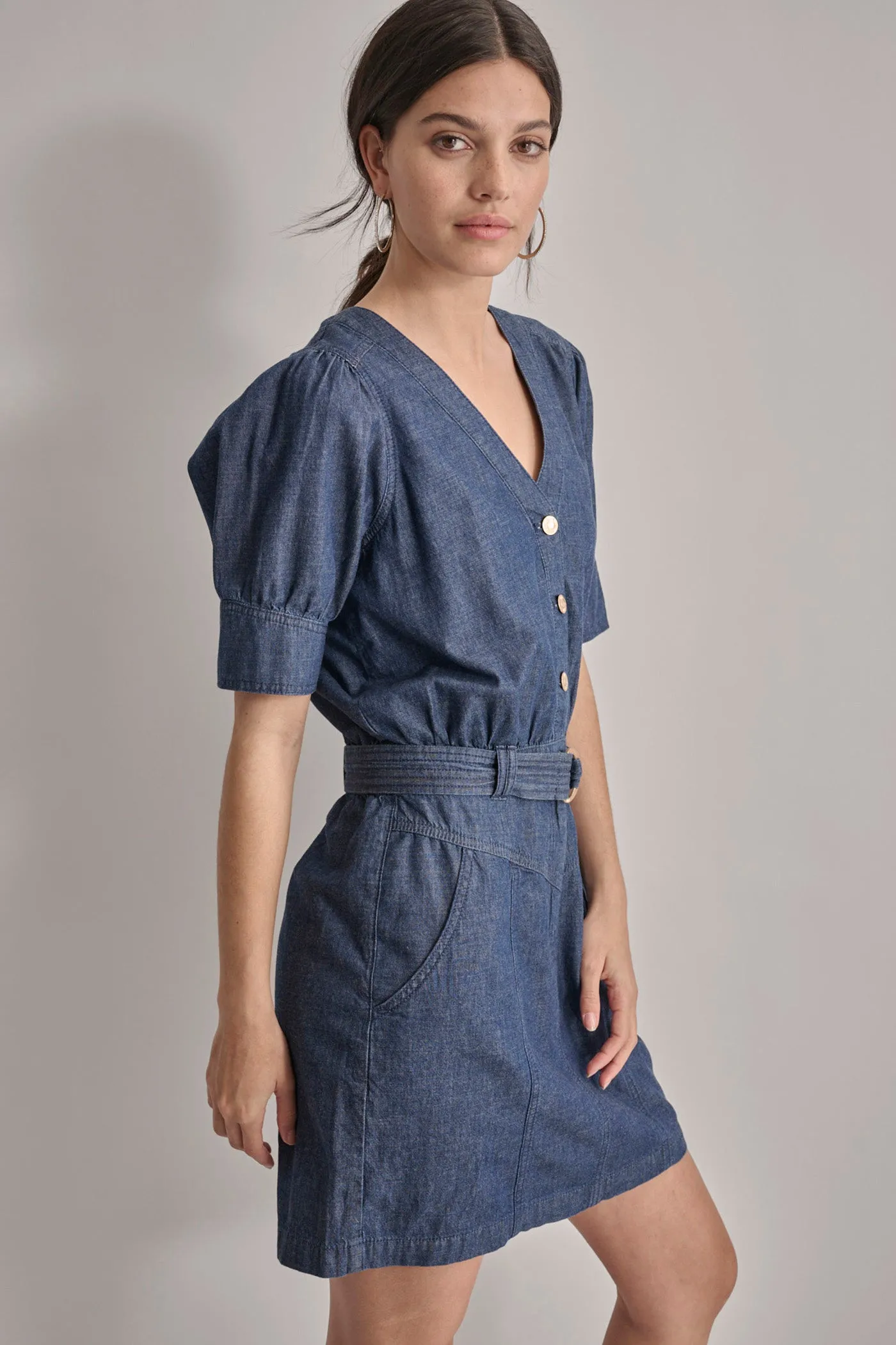 V-NECK BUTTON FRONT LIGHTWEIGHT DENIM DRESS sold by DKNY product image thumbnail 4