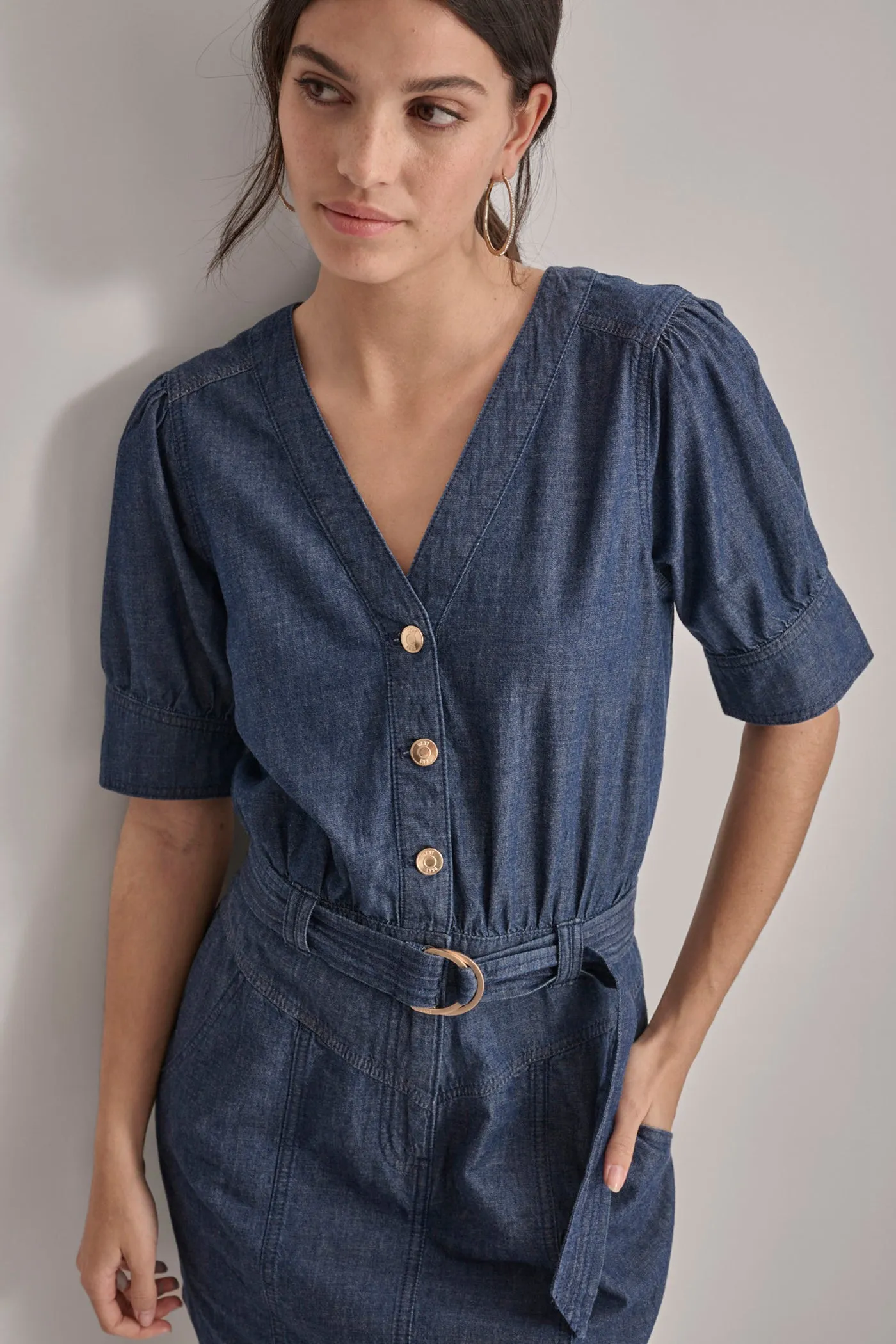 V-NECK BUTTON FRONT LIGHTWEIGHT DENIM DRESS sold by DKNY product image thumbnail 3