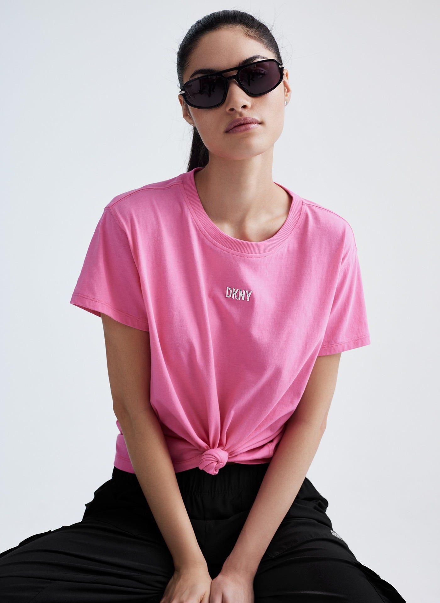 METALLIC BUBBLE LOGO KNOT FRONT TEE sold by DKNY