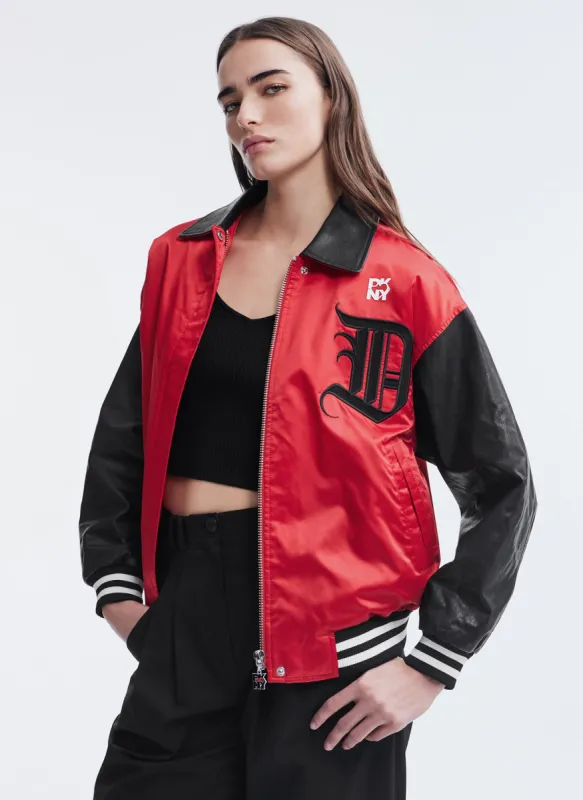 MIXED MEDIA VARSITY JACKET sold by DKNY