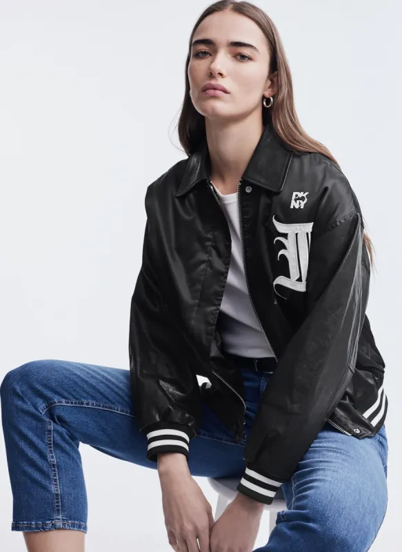 MIXED MEDIA VARSITY JACKET sold by DKNY