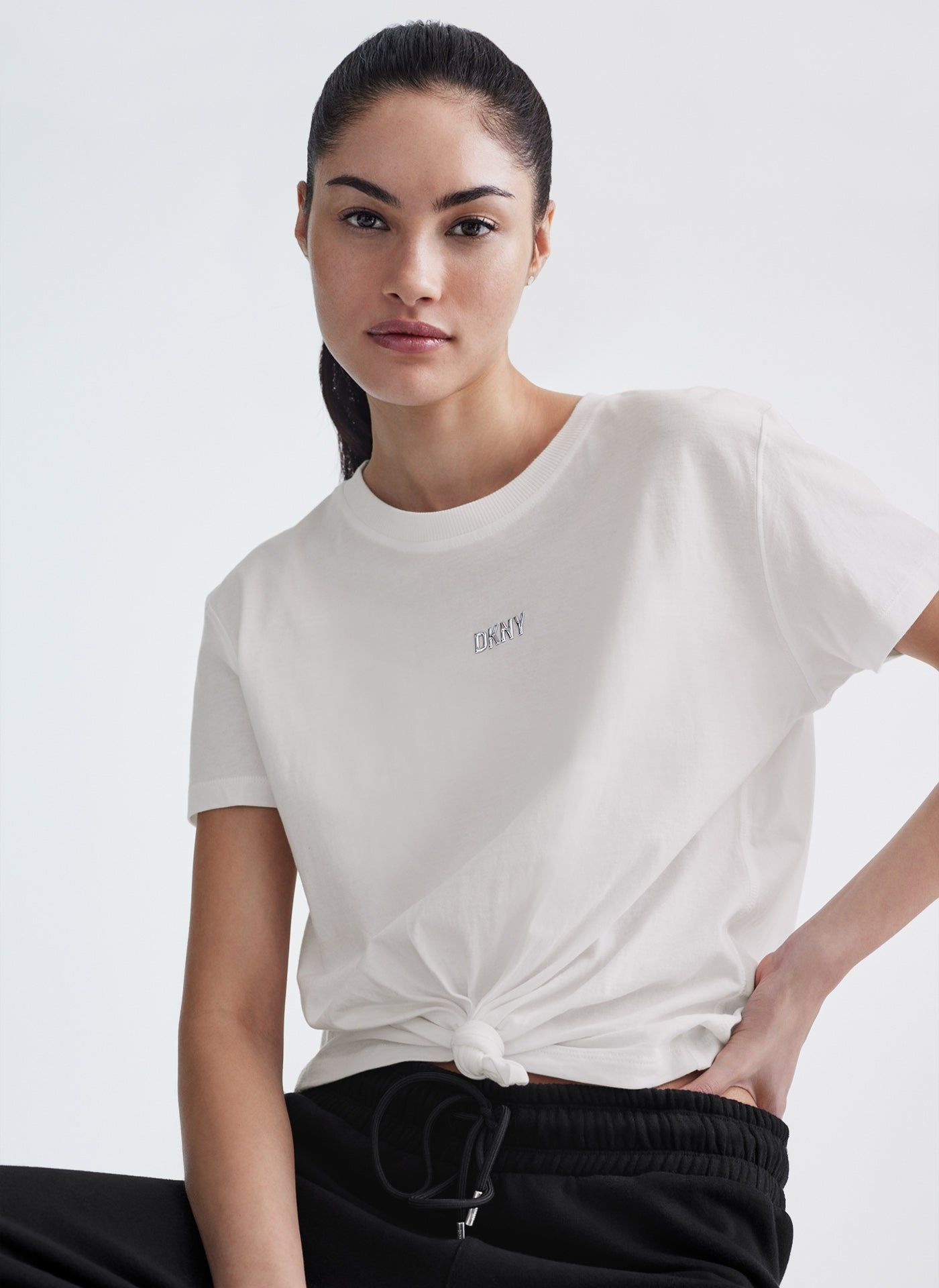 METALLIC BUBBLE LOGO KNOT FRONT TEE sold by DKNY