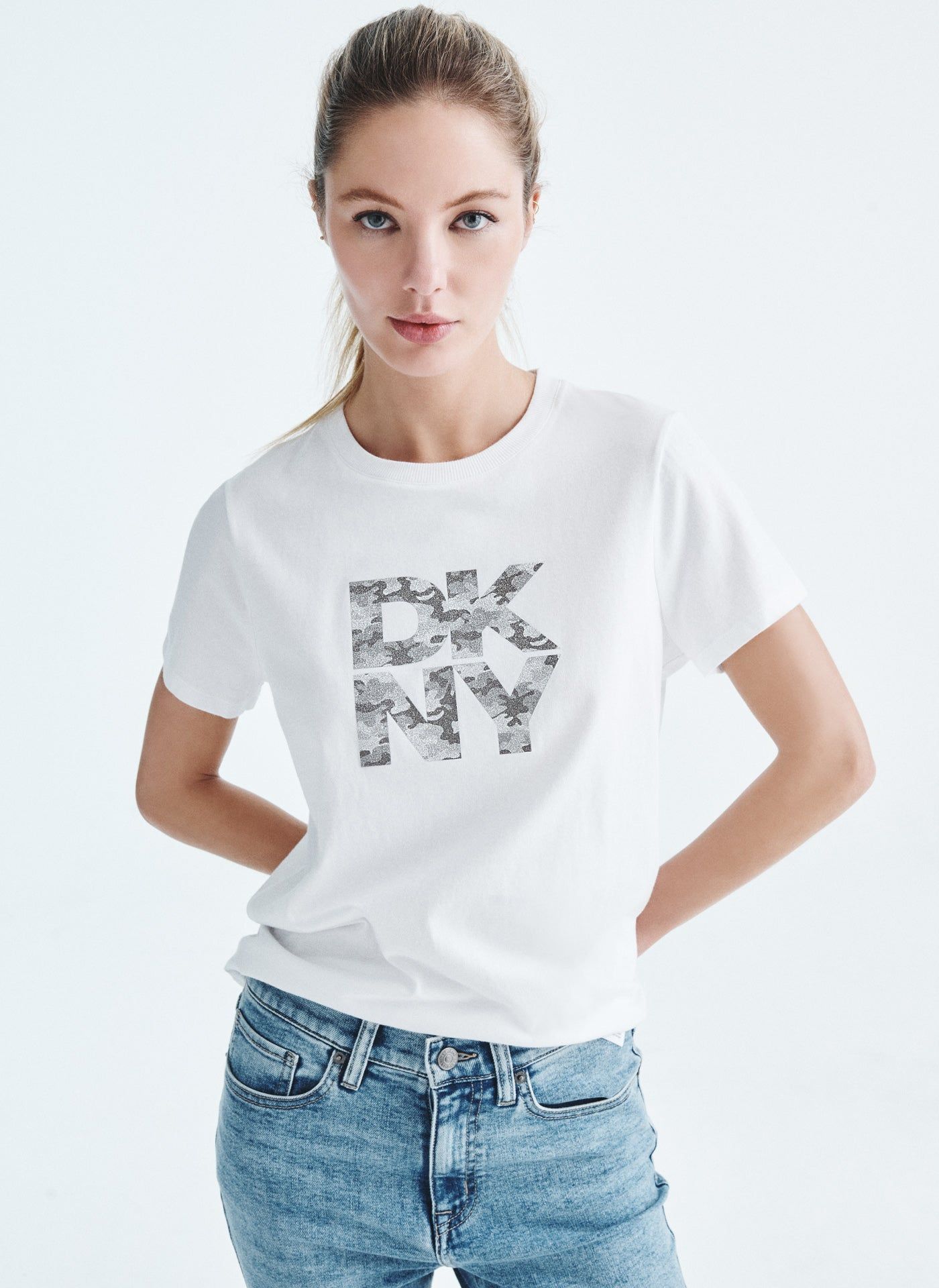 STACKED CAMO SPARKLE LOGO TEE sold by DKNY