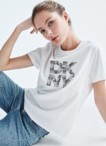 STACKED CAMO SPARKLE LOGO TEE sold by DKNY