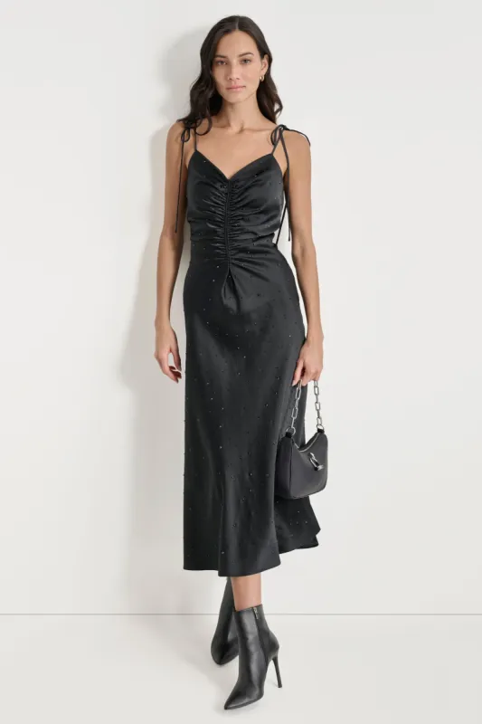 CRYSTAL EMBELLISHED RUCHED DRESS made by DKNY