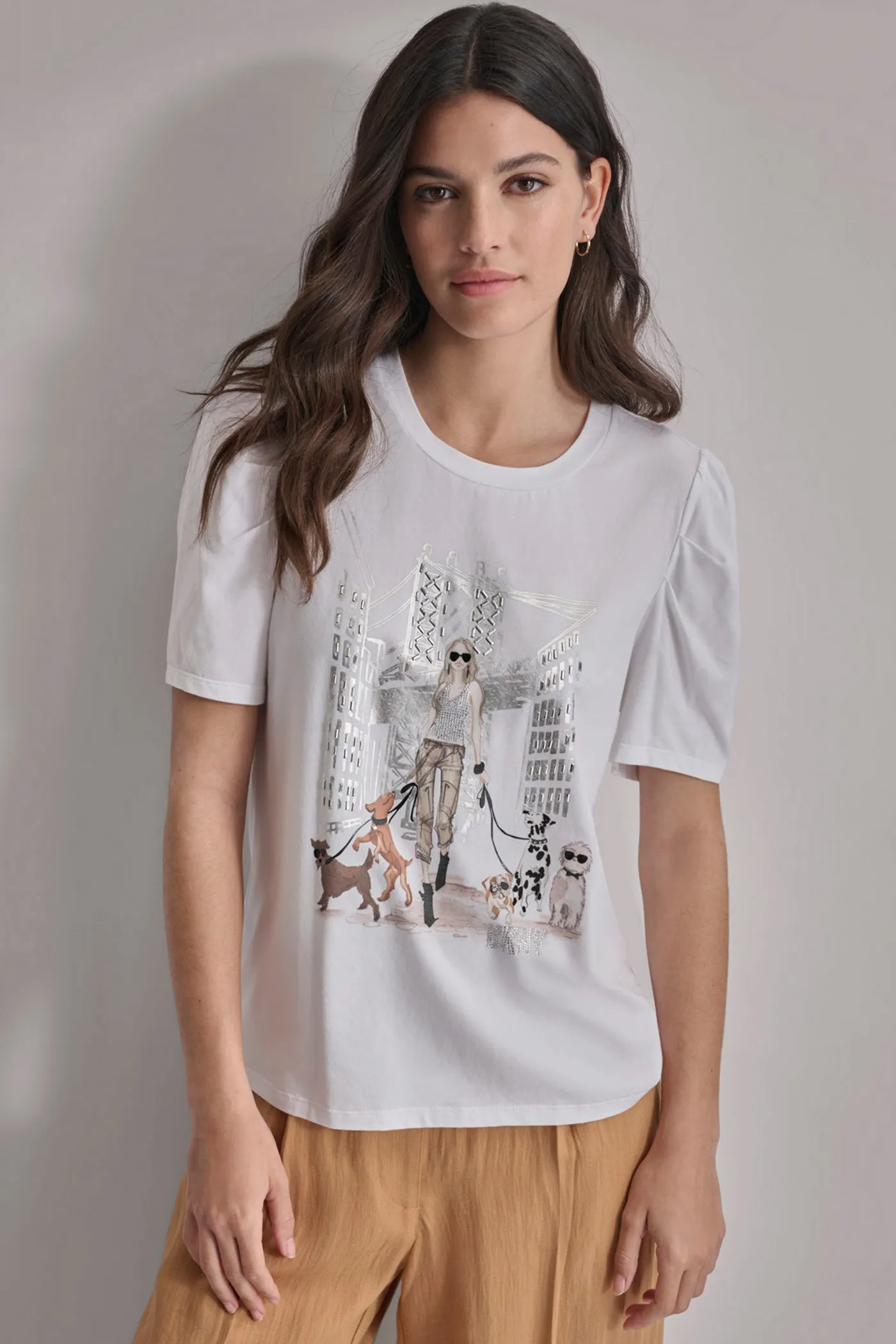 PUFF SLEEVE DOG WALKER CONVERSATIONAL TEE sold by DKNY