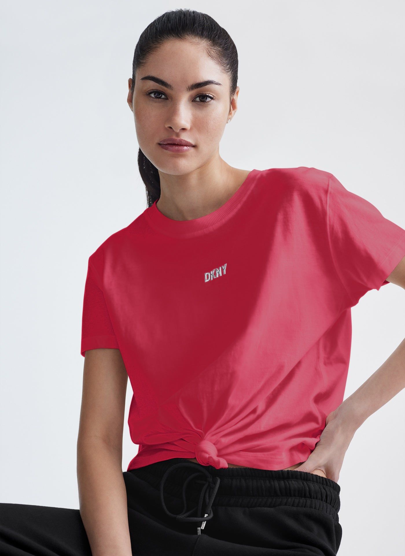 METALLIC BUBBLE LOGO KNOT FRONT TEE sold by DKNY