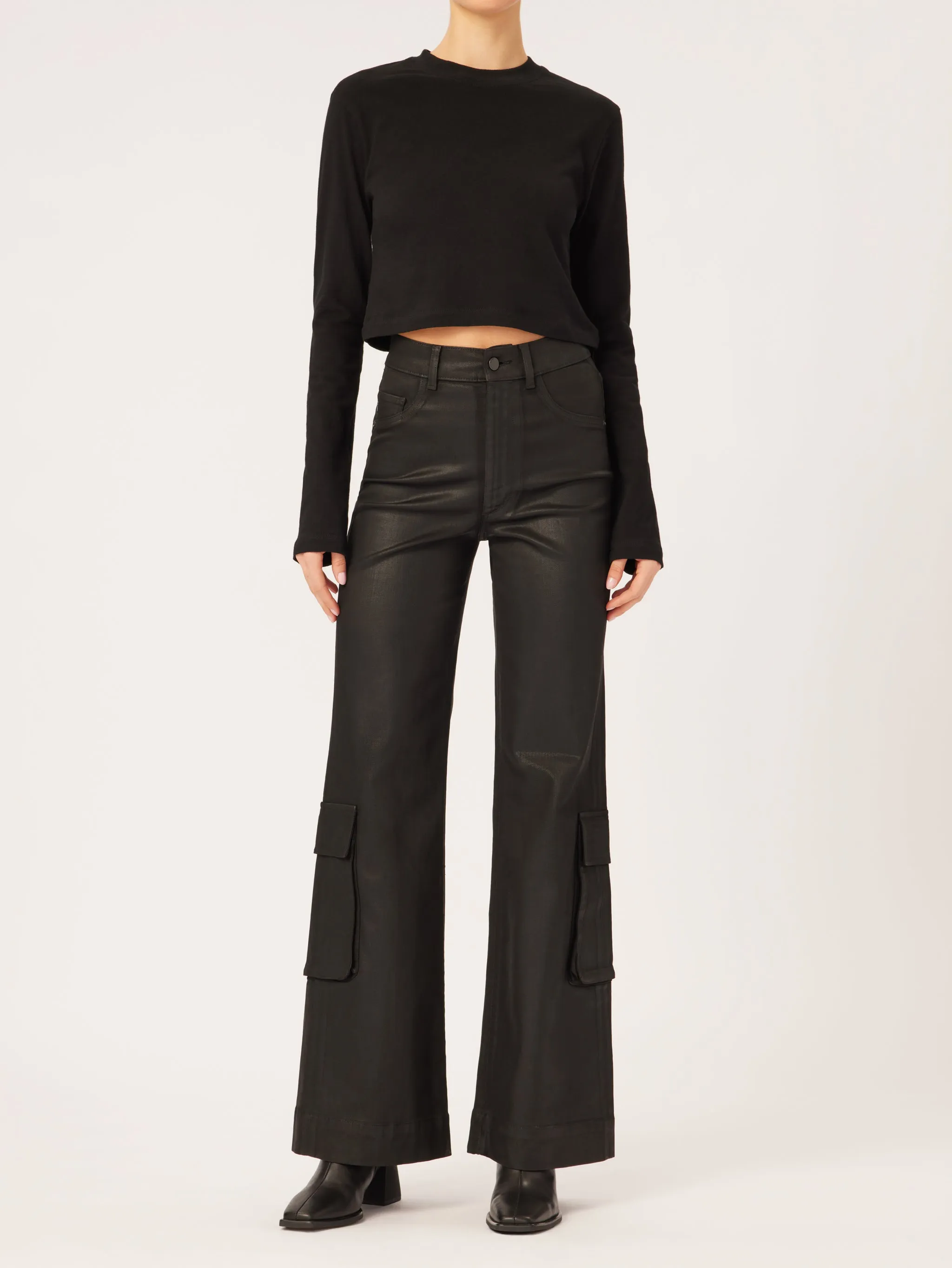 Hepburn Wide Leg  High Rise Vintage 32" Jeans | Black Coated Cargo sold by DL1961